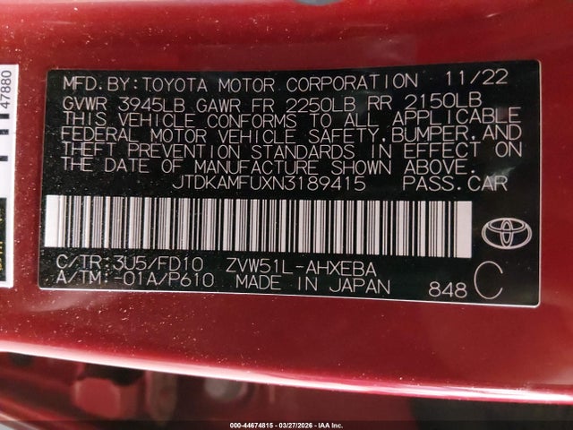 2022 TOYOTA PRIUS JTDKAMFUXN3189415 Photo 8