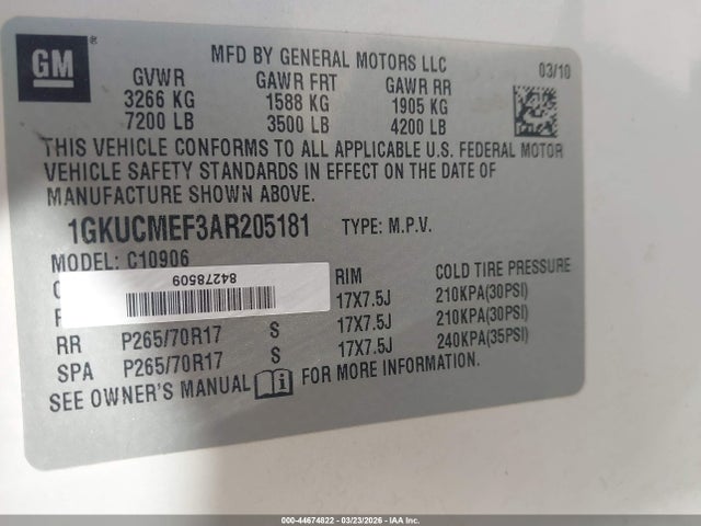 2010 Gmc Yukon Xl 1500 Denali მანქანა იყიდება აუქციონზე, vin: 1GKUCMEF3AR205181, აუქციონის ნომერი: 44674822