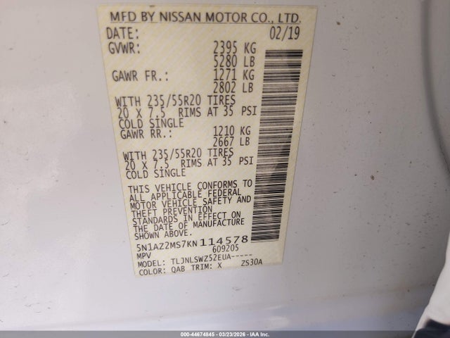 5N1AZ2MS7KN114578 Nissan Murano Platinum