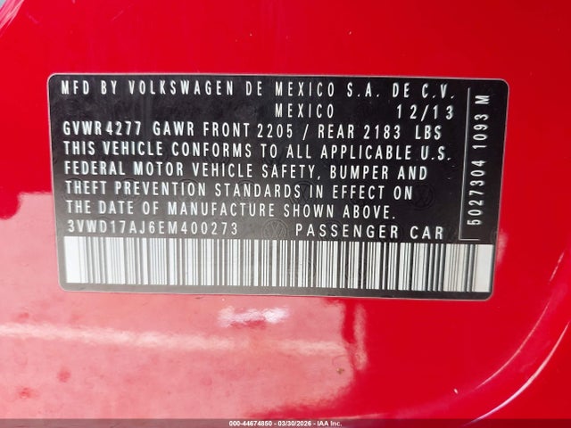 2014 Volkswagen Jetta 1.8t Se მანქანა იყიდება აუქციონზე, vin: 3VWD17AJ6EM400273, აუქციონის ნომერი: 44674850