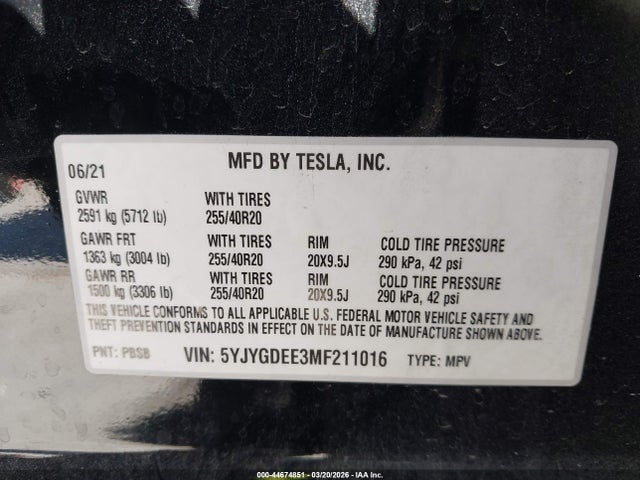 Aukcja sprzedaży 2021 Tesla Model Y Long Range Dual Motor All-wheel Drive, vin: 5YJYGDEE3MF211016, numer aukcji: 44674851