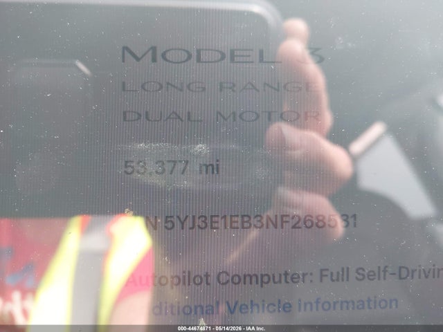 Продаж на аукціоні авто 2022 Tesla Model 3 Long Range Dual Motor All-wheel Drive, vin: 5YJ3E1EB3NF268581, номер лоту: 44674871