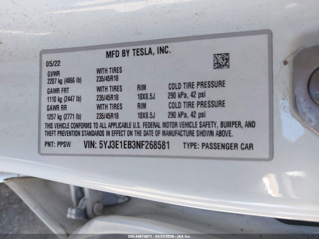 Продаж на аукціоні авто 2022 Tesla Model 3 Long Range Dual Motor All-wheel Drive, vin: 5YJ3E1EB3NF268581, номер лоту: 44674871