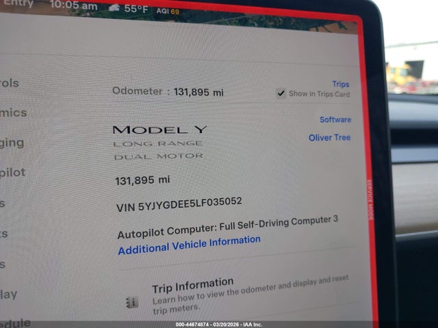 44674874 :رقم المزاد ، 5YJYGDEE5LF035052 vin ، 2020 Tesla Model Y Long Range Dual Motor All-wheel Drive مزاد بيع