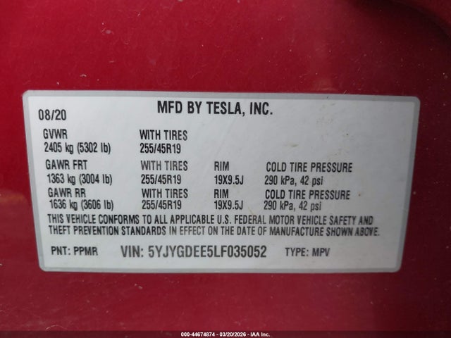 44674874 :رقم المزاد ، 5YJYGDEE5LF035052 vin ، 2020 Tesla Model Y Long Range Dual Motor All-wheel Drive مزاد بيع