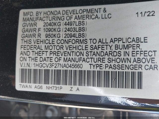 1HGCV3F27NA045660 Honda Accord Hybrid Sport