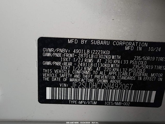 Продаж на аукціоні авто 2025 Subaru Forester Sport, vin: JF2SLDHC7SH492067, номер лоту: 44674890