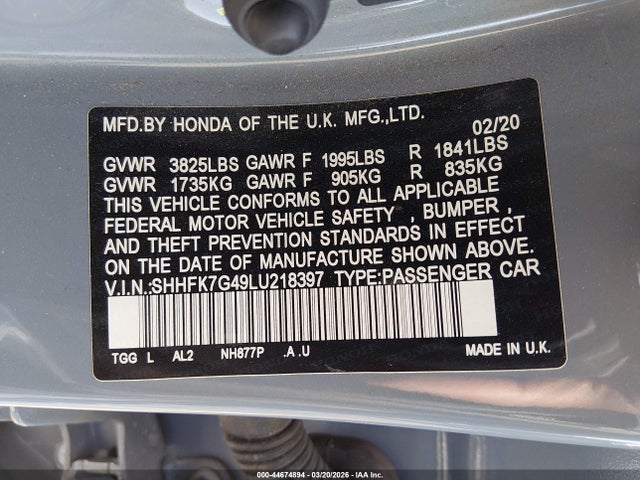 SHHFK7G49LU218397 Honda Civic Sport