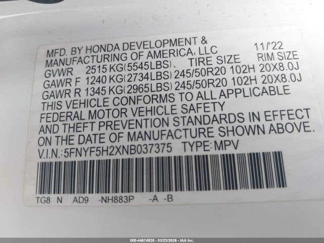 Продажа на аукционе авто 2022 Honda Pilot 2wd Special Edition, vin: 5FNYF5H2XNB037375, номер лота: 44674928