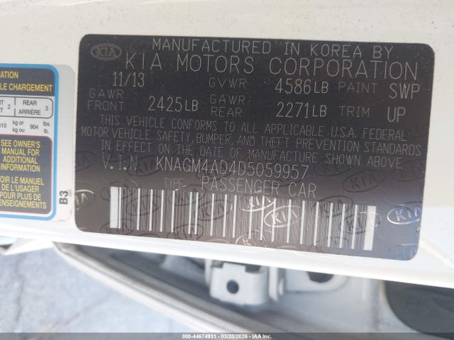 2013 Kia Optima Hybrid Lx მანქანა იყიდება აუქციონზე, vin: KNAGM4AD4D5059957, აუქციონის ნომერი: 44674931