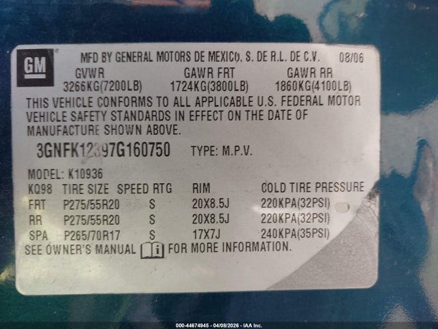 Aukcja sprzedaży 2007 Chevrolet Avalanche 1500 Lt, vin: 3GNFK12397G160750, numer aukcji: 44674945