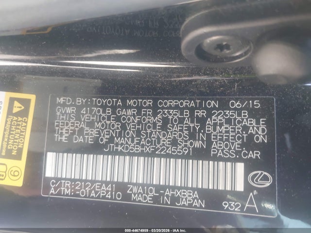 JTHKD5BHXF2245591 Lexus CT 200H