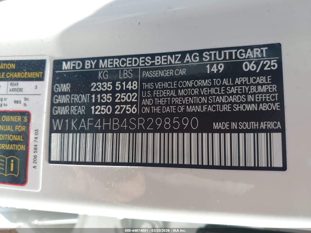 44674981 :رقم المزاد ، W1KAF4HB4SR298590 vin ، 2025 Mercedes-benz C 300 مزاد بيع