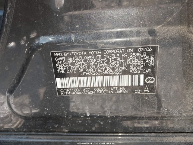 Aukcja sprzedaży 2006 Lexus Is 250, vin: JTHCK262765005525, numer aukcji: 44675024