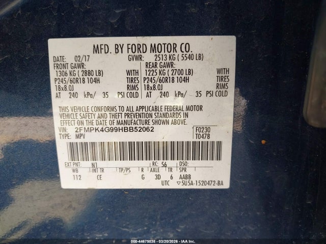 44675038 :رقم المزاد ، 2FMPK4G99HBB52062 vin ، 2017 Ford Edge Se مزاد بيع