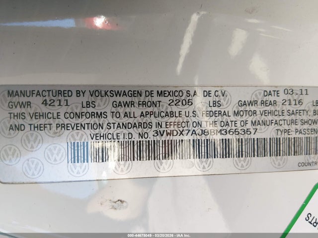 Продаж на аукціоні авто 2011 Volkswagen Jetta 2.5l Se, vin: 3VWDX7AJ8BM365357, номер лоту: 44675049