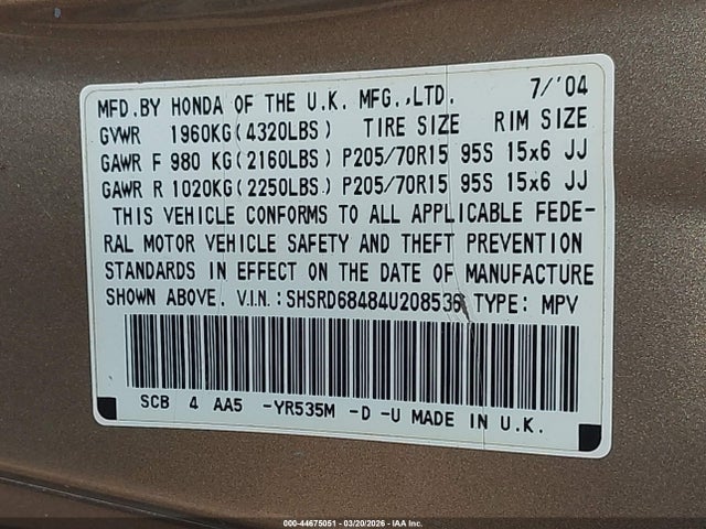 2004 HONDA CR-V SHSRD68484U208536 Photo 8