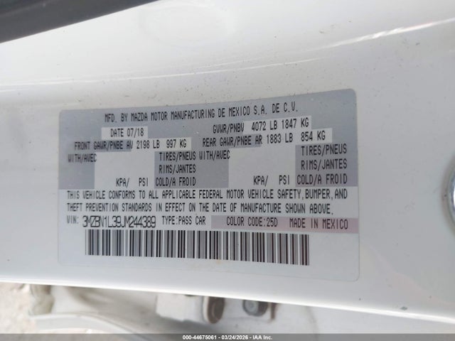 2018 Mazda Mazda3 Touring მანქანა იყიდება აუქციონზე, vin: 3MZBN1L39JM244389, აუქციონის ნომერი: 44675061