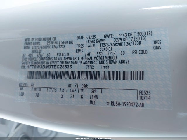 2026 Ford F-350 Platinum მანქანა იყიდება აუქციონზე, vin: 1FT8W3BM3TEC28536, აუქციონის ნომერი: 44675074