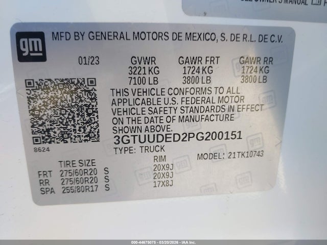 2023 Gmc Sierra K1500 Slt მანქანა იყიდება აუქციონზე, vin: 3GTUUDED2PG200151, აუქციონის ნომერი: 44675075
