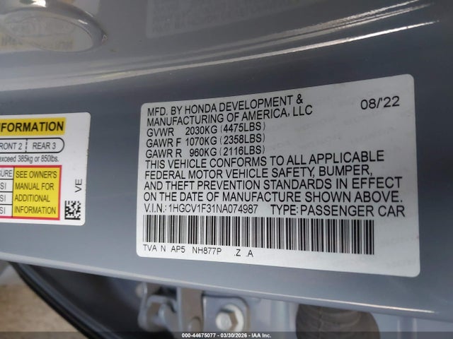 1HGCV1F31NA074987 Honda Accord Sport
