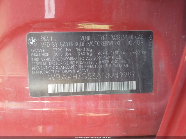 Aukcja sprzedaży 2010 Bmw 328i, vin: WBAPH7G53ANM49997, numer aukcji: 44675080