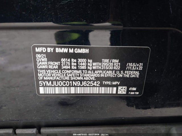 44675103 :رقم المزاد ، 5YMJU0C01N9J62542 vin ، 2022 Bmw X5 M مزاد بيع