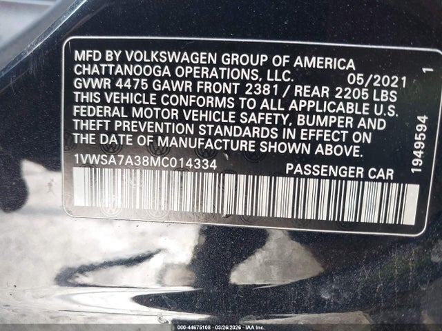 Aukcja sprzedaży 2021 Volkswagen Passat 2.0t Se, vin: 1VWSA7A38MC014334, numer aukcji: 44675108