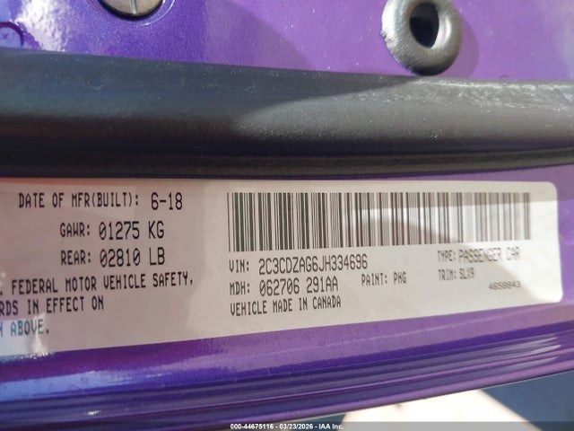 44675116 :رقم المزاد ، 2C3CDZAG6JH334696 vin ، 2018 Dodge Challenger Sxt Plus مزاد بيع