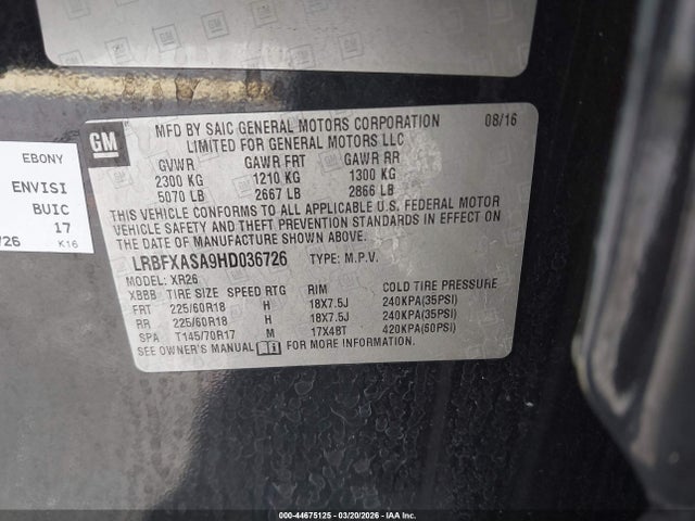 2017 Buick Envision Preferred მანქანა იყიდება აუქციონზე, vin: LRBFXASA9HD036726, აუქციონის ნომერი: 44675125