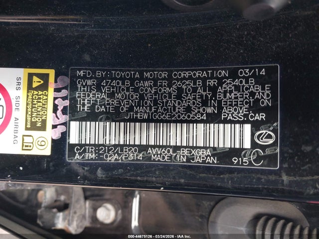 Aukcja sprzedaży 2014 Lexus Es 300h, vin: JTHBW1GG6E2060584, numer aukcji: 44675126