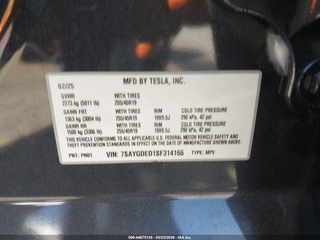 Aukcja sprzedaży 2025 Tesla Model Y Long Range Dual Motor Rear-wheel Drive, vin: 7SAYGDED1SF314166, numer aukcji: 44675135