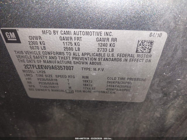 44675136 :رقم المزاد ، 2CTFLEEW9A6357007 vin ، 2010 Gmc Terrain Sle-2 مزاد بيع