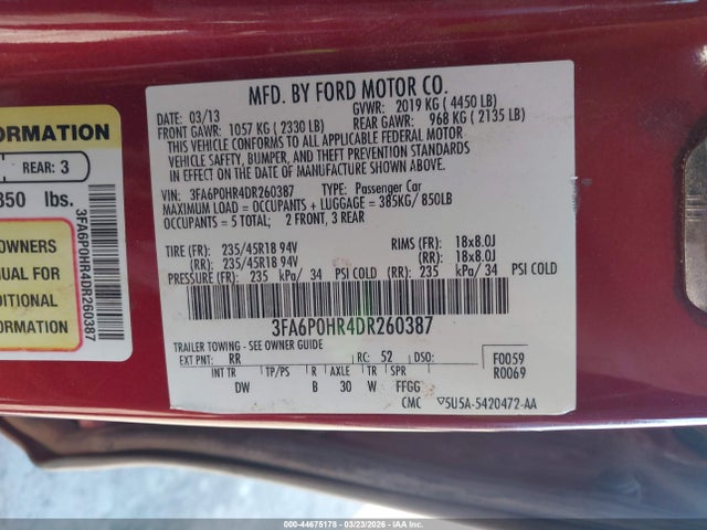 44675178 :رقم المزاد ، 3FA6P0HR4DR260387 vin ، 2013 Ford Fusion Se مزاد بيع