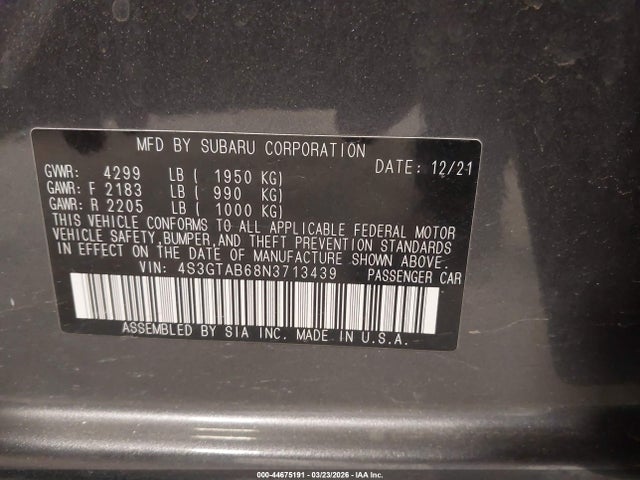 Продажа на аукционе авто 2022 Subaru Impreza Base 5-door, vin: 4S3GTAB68N3713439, номер лота: 44675191