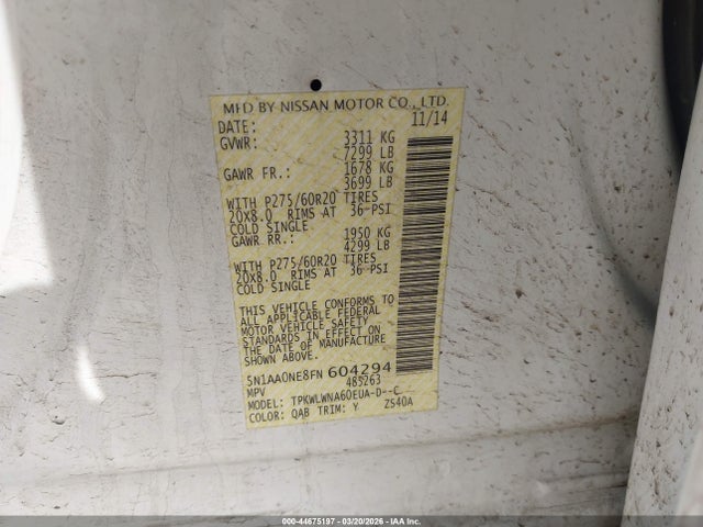 Продаж на аукціоні авто 2015 Nissan Armada Platinum, vin: 5N1AA0NE8FN604294, номер лоту: 44675197