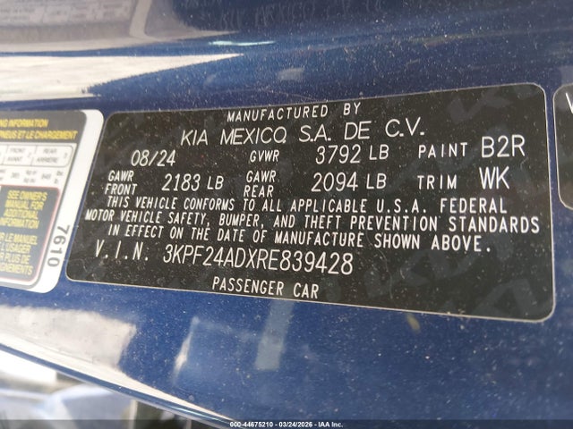 Aukcja sprzedaży 2024 Kia Forte Lxs, vin: 3KPF24ADXRE839428, numer aukcji: 44675210