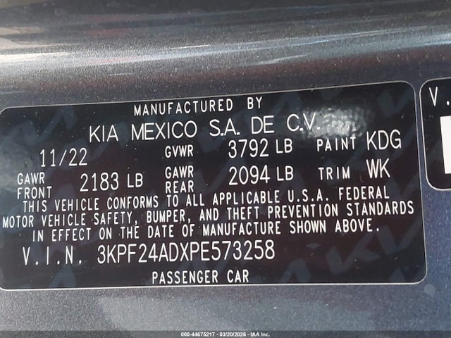 Продаж на аукціоні авто 2023 Kia Forte Lx, vin: 3KPF24ADXPE573258, номер лоту: 44675217