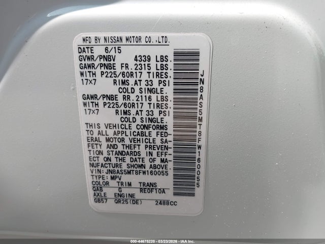 JN8AS5MT8FW160055 Nissan Rogue Select S
