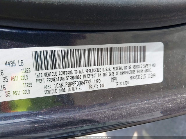 2015 Jeep Patriot Sport მანქანა იყიდება აუქციონზე, vin: 1C4NJPBA0FD304772, აუქციონის ნომერი: 44675222