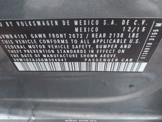 Aukcja sprzedaży 2016 Volkswagen Jetta 1.4t S, vin: 3VW167AJ0GM304047, numer aukcji: 44675223