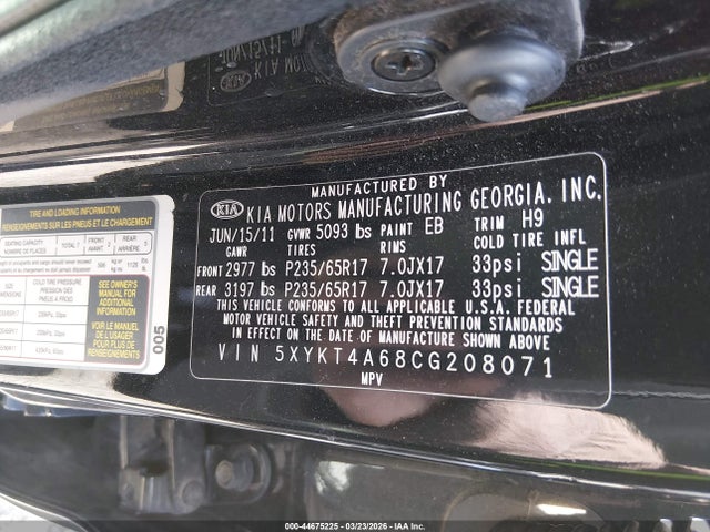44675225 :رقم المزاد ، 5XYKT4A68CG208071 vin ، 2012 Kia Sorento Lx مزاد بيع