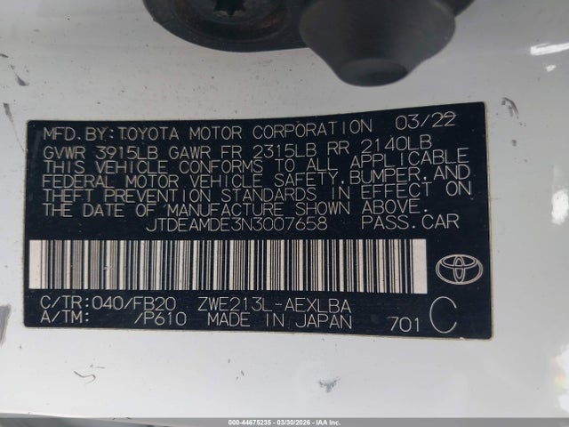 Продаж на аукціоні авто 2022 Toyota Corolla Hybrid Le, vin: JTDEAMDE3N3007658, номер лоту: 44675235