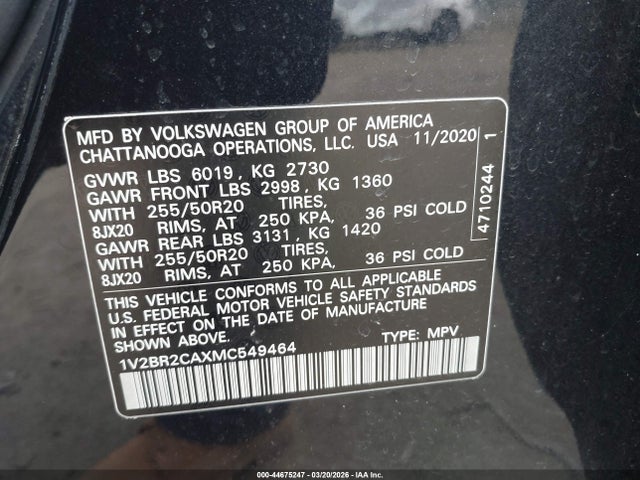 Продажа на аукционе авто 2021 Volkswagen Atlas 3.6l V6 Sel, vin: 1V2BR2CAXMC549464, номер лота: 44675247