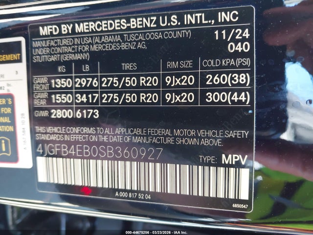 44675256 :رقم المزاد ، 4JGFB4EB0SB360927 vin ، 2025 Mercedes-benz Gle 350 مزاد بيع