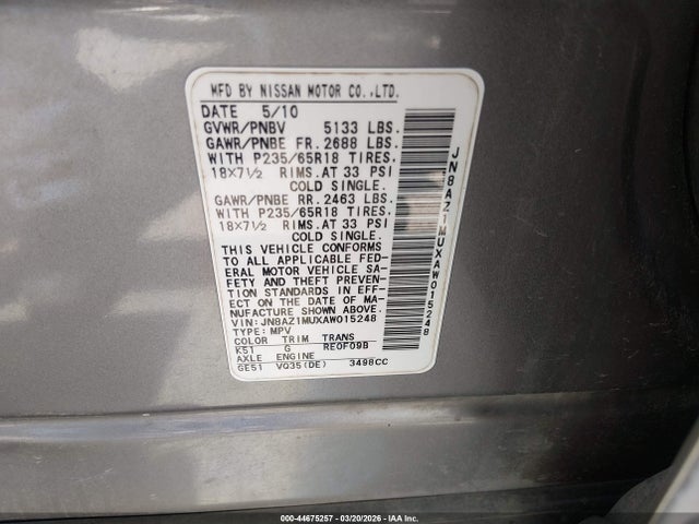 2010 NISSAN MURANO JN8AZ1MUXAW015248 Photo 8