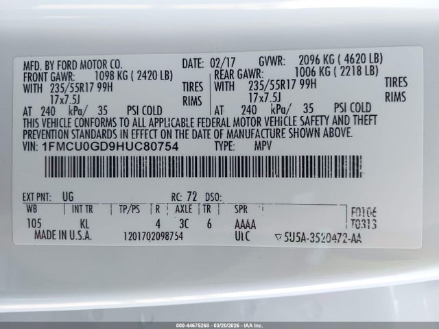 Ford ESCAPE SE 2017 1FMCU0GD9HUC80754 Image 9