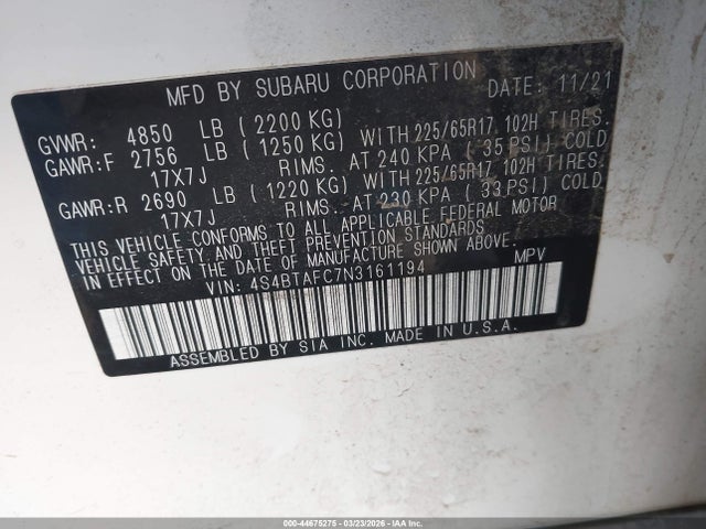 44675275 :رقم المزاد ، 4S4BTAFC7N3161194 vin ، 2022 Subaru Outback Premium مزاد بيع