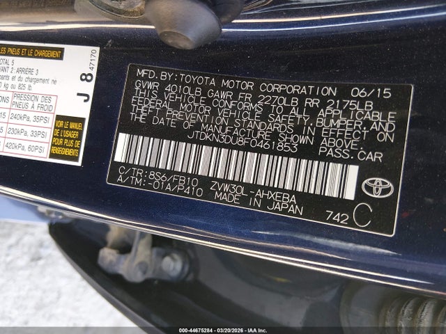 Toyota Prius Two 2015 JTDKN3DU8F0461853 Image 9