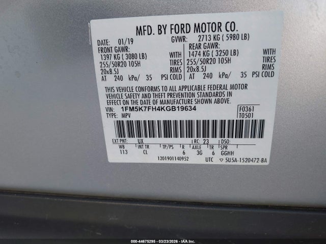 Aukcja sprzedaży 2019 Ford Explorer Limited, vin: 1FM5K7FH4KGB19634, numer aukcji: 44675295